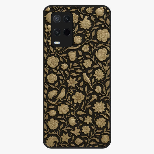 Golden Floral Majesty Glass Case showing flat back view with luxurious golden floral artwork and glossy glass finish.