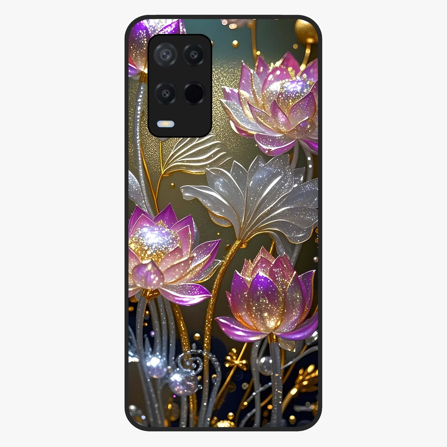 Golden Lotus Glow Glass Case showing flat back view with glowing lotus flower artwork and glossy glass finish.