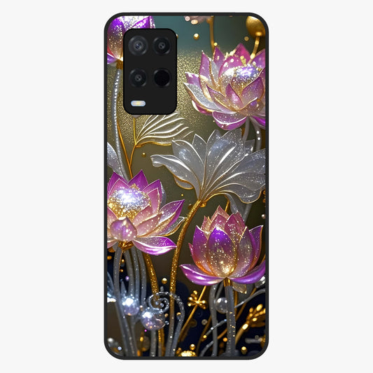 Golden Lotus Glow Glass Case showing flat back view with glowing lotus flower artwork and glossy glass finish.