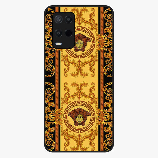 Golden Royal Heritage Glass Case showing flat back view with ornate royal pattern artwork and glossy glass finish.