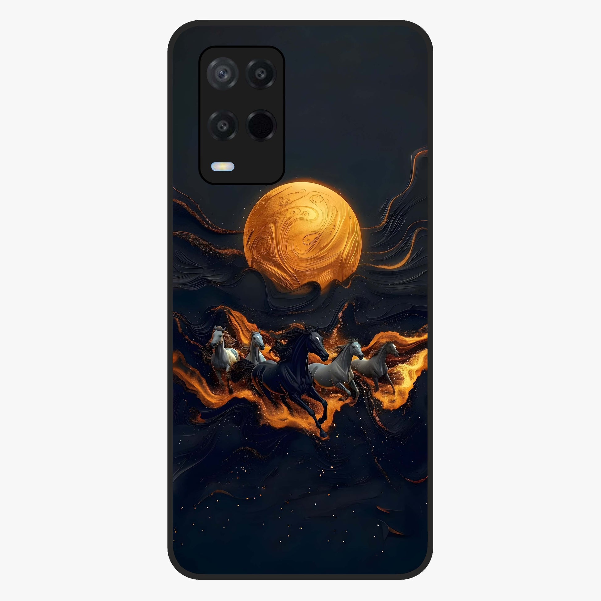 Golden Stallion Moonride Glass Case showing flat back view with majestic horse under moonlight artwork and glossy glass finish.