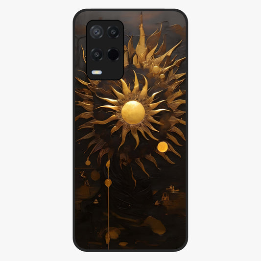 Golden Sun Majesty Glass Case showing flat back view with radiant golden sun artwork and glossy glass finish.