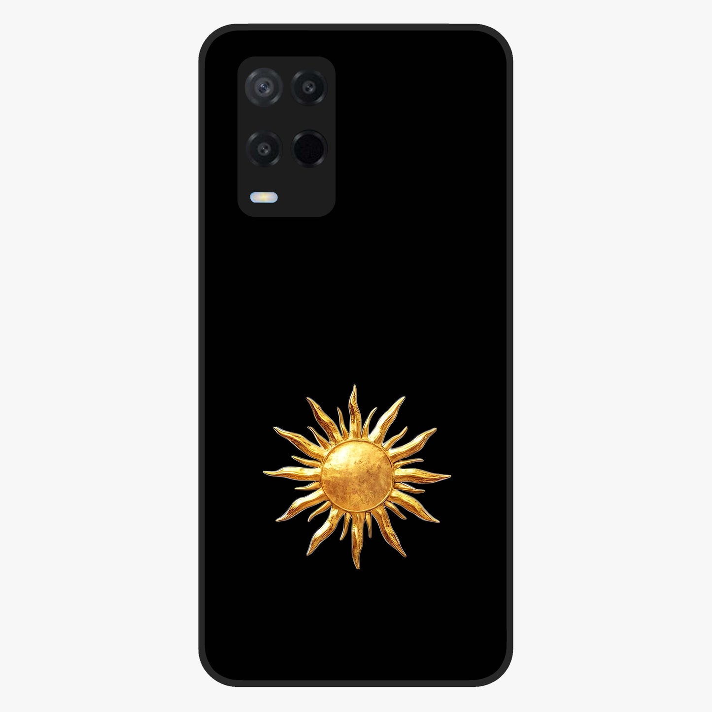 Golden Sun Minimalism Glass Case showing flat back view with minimal golden sun artwork and glossy glass finish.