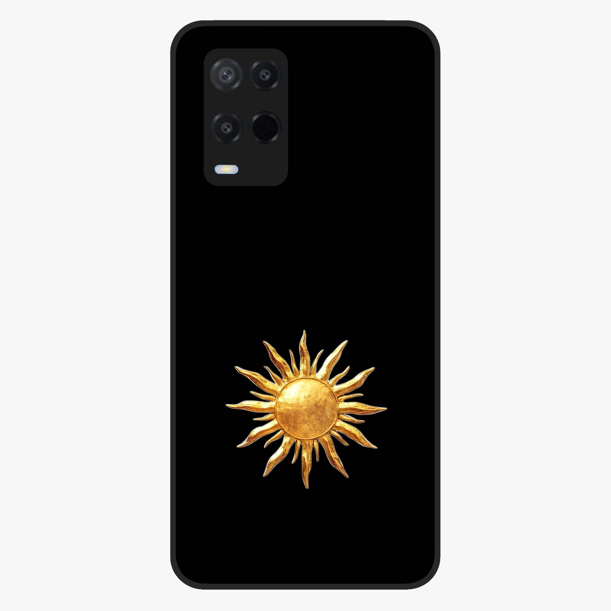 Golden Sun Minimalism Glass Case showing flat back view with minimal golden sun artwork and glossy glass finish.