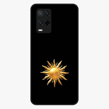 Golden Sun Minimalism Glass Case showing flat back view with minimal golden sun artwork and glossy glass finish.