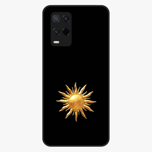 Golden Sun Minimalism Glass Case showing flat back view with minimal golden sun artwork and glossy glass finish.