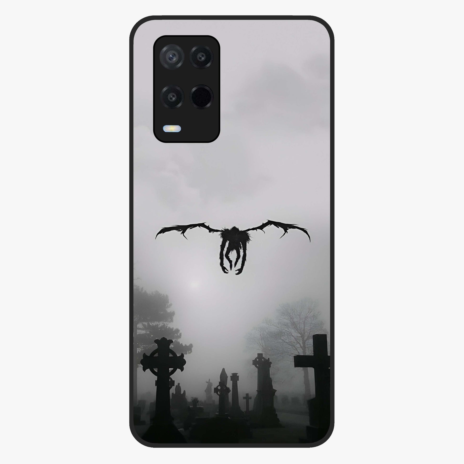 Graveyard Shadow Descent Glass Case showing flat back view with dark graveyard themed artwork and glossy glass finish.