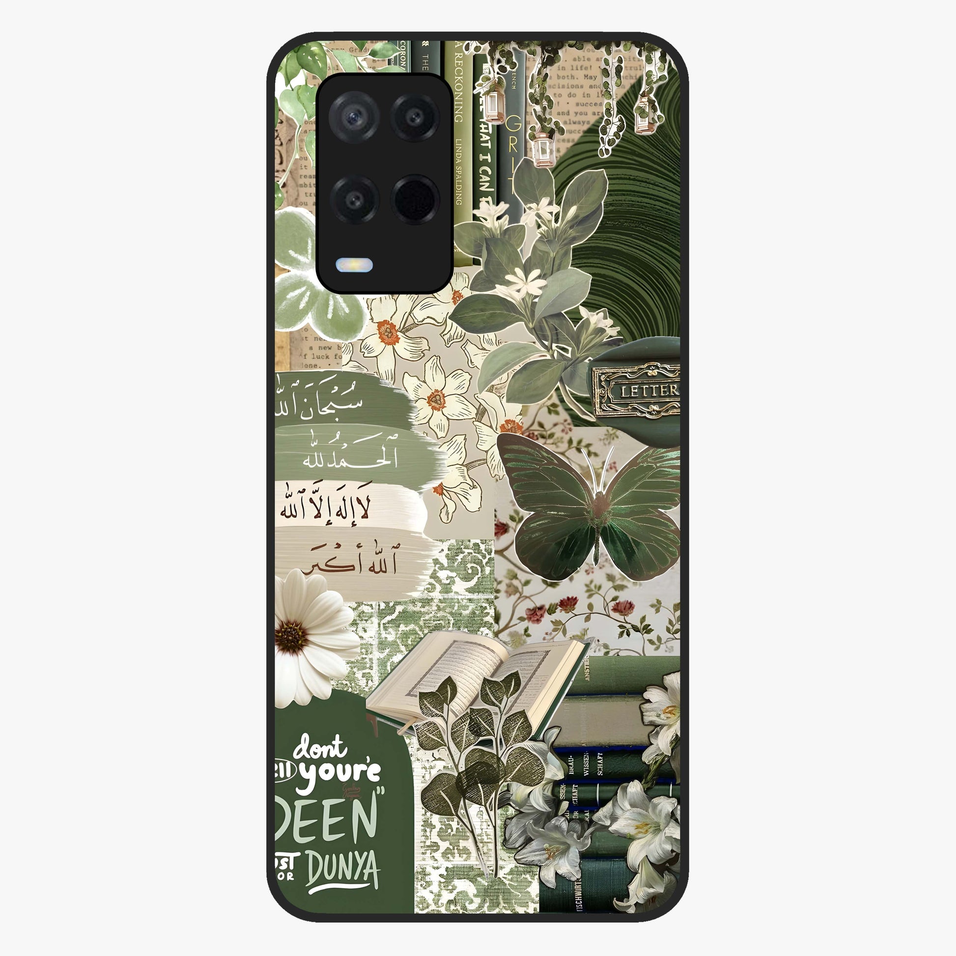 Green Islamic Books Quotes Glass Case showing flat back view with Islamic quotes and book themed artwork and glossy glass finish.