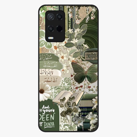 Green Islamic Books Quotes Glass Case showing flat back view with Islamic quotes and book themed artwork and glossy glass finish.