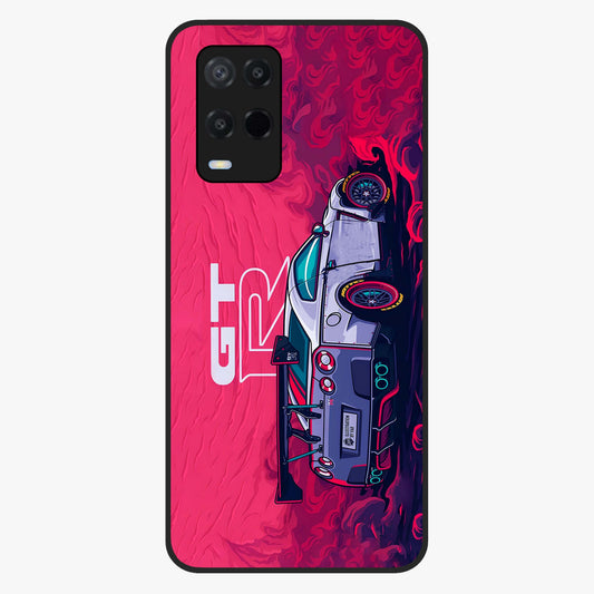 GT-R Car Pattern Glass Case showing flat back view with sporty car inspired pattern artwork and glossy glass finish.