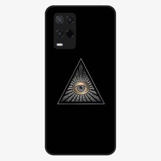 Illuminati Evil Glass Case showing flat back view with mysterious illuminati symbol artwork and glossy glass finish.