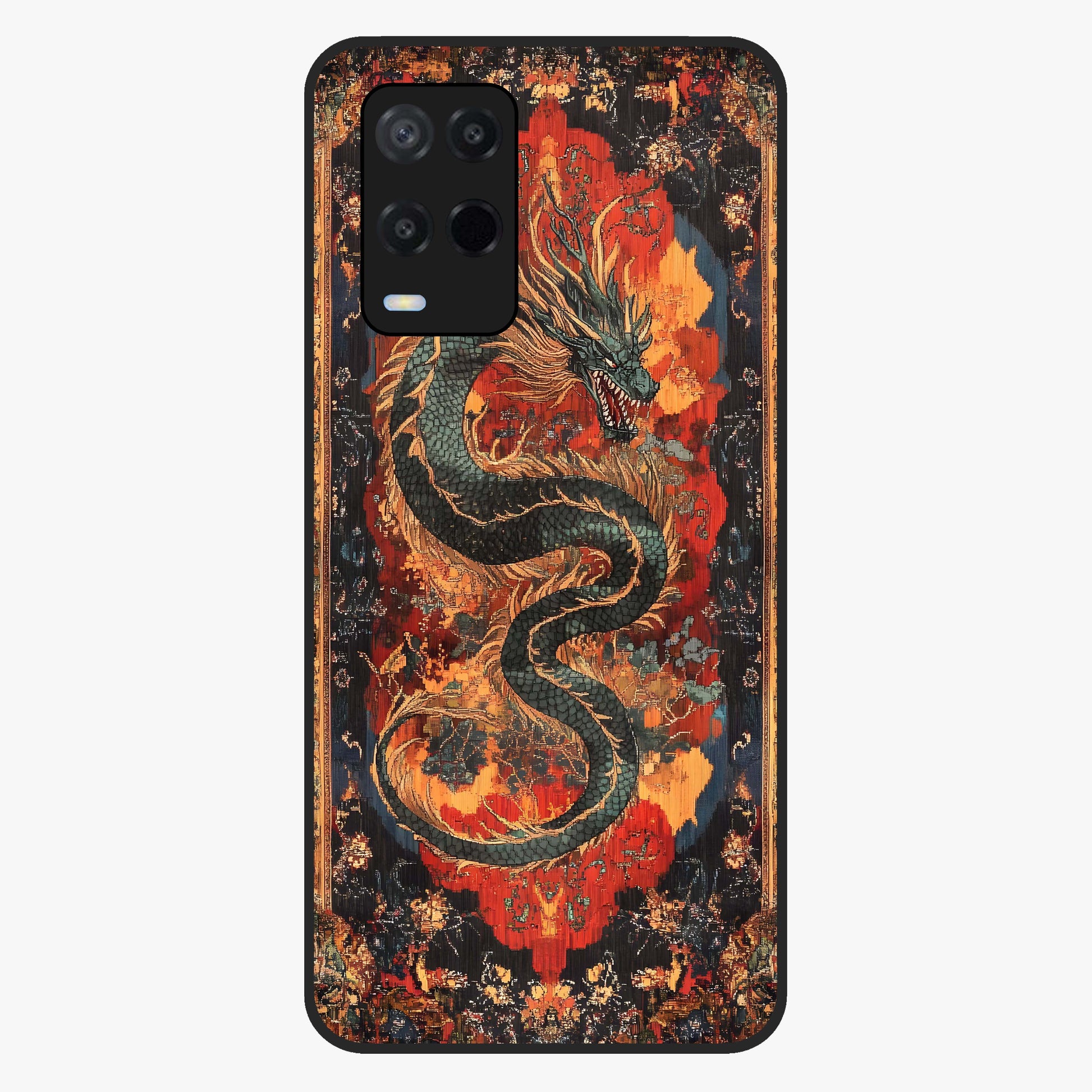 Inferno Dragon Soul Glass Case showing flat back view with fiery dragon artwork and glossy glass finish.