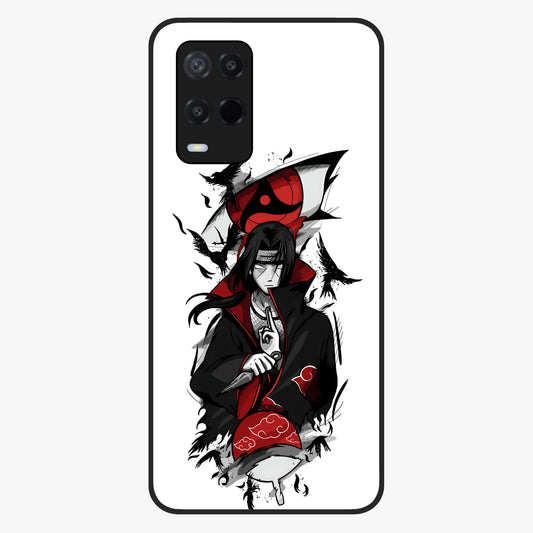 Itachi Sharingan Glass Case showing flat back view with powerful anime eye artwork and glossy glass finish.