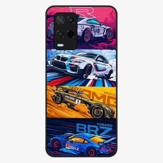 JDM Sports Car Glass Case showing flat back view with high performance sports car artwork and glossy glass finish.