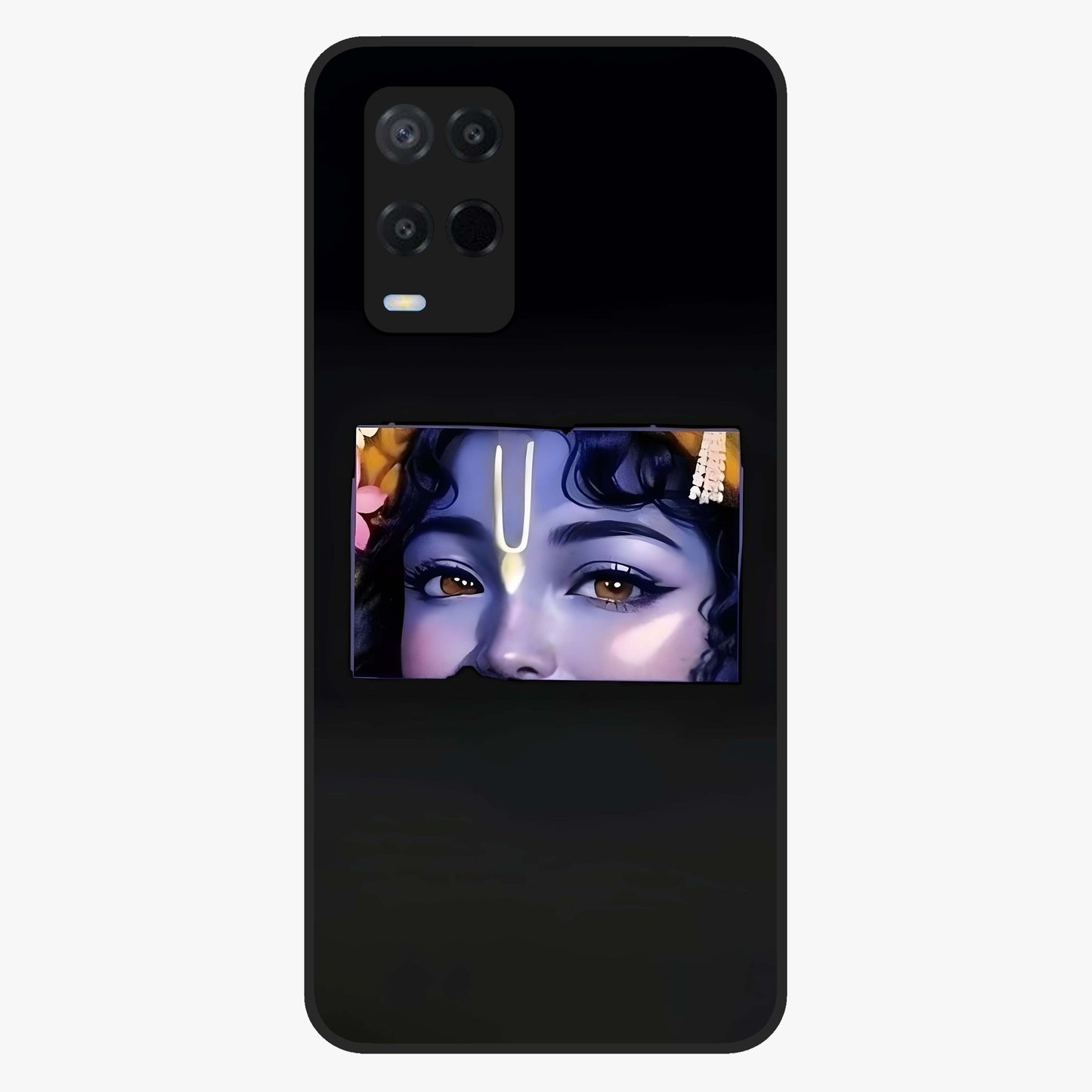 Krishna Divine Embrace Glass Case showing flat back view with Lord Krishna devotional artwork and glossy glass finish.