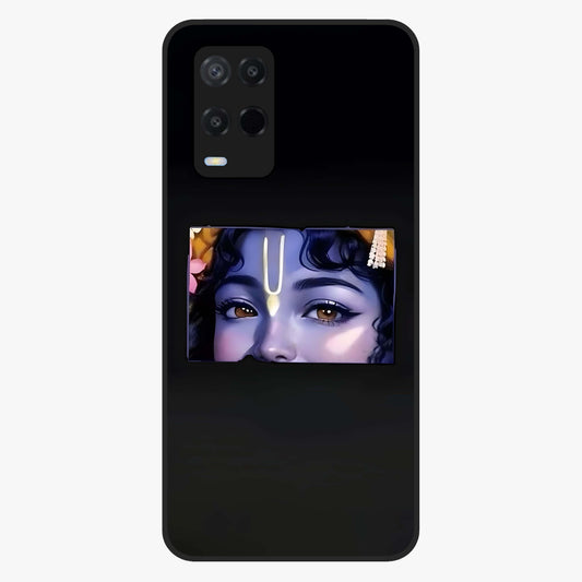Krishna Divine Embrace Glass Case showing flat back view with Lord Krishna devotional artwork and glossy glass finish.