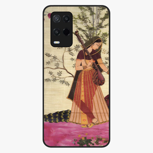 Lady With Veena Art Glass Case showing flat back view with elegant woman playing veena artwork and glossy glass finish.