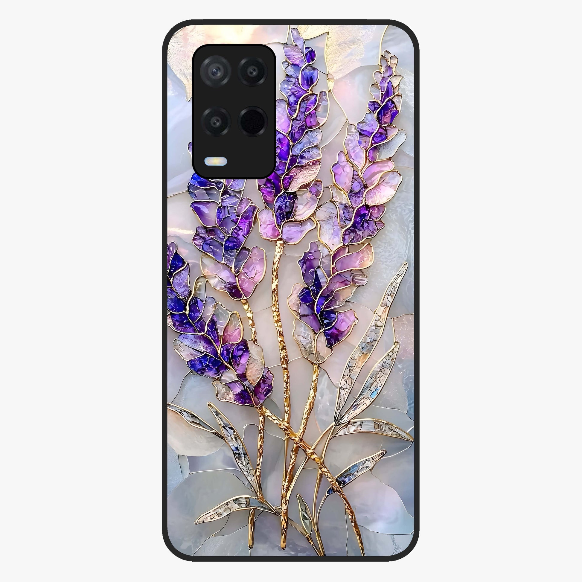 Lavender Dream Glow Glass Case showing flat back view with glowing lavender aesthetic artwork and glossy glass finish.