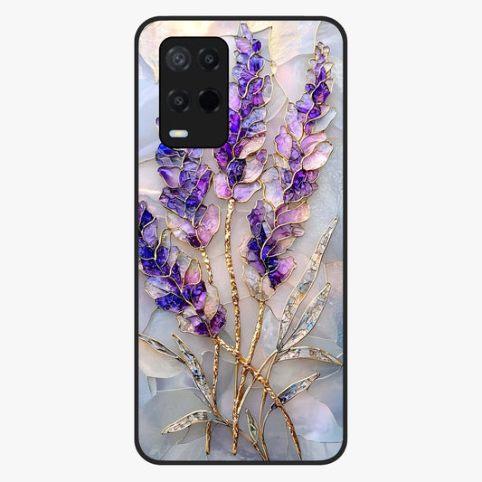 Lavender Dream Glow Glass Case showing flat back view with glowing lavender aesthetic artwork and glossy glass finish.
