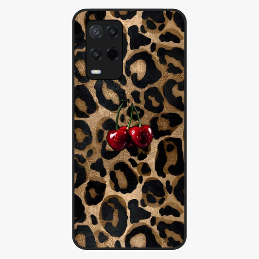 Leopard Wild Cherry Glass Case showing flat back view with leopard pattern and cherry artwork and glossy glass finish.