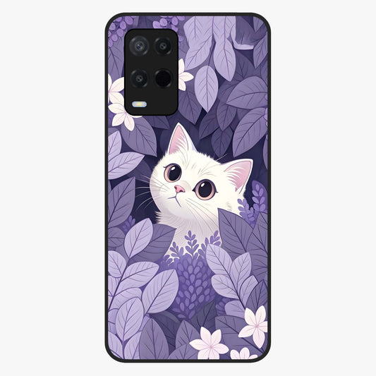 Lilac Hide Peek Cat Glass Case showing flat back view with cute peeking cat artwork and glossy glass finish.