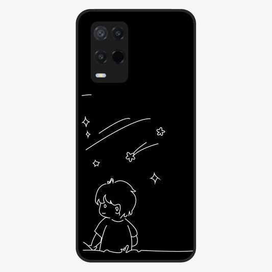 Line Art Boy With Shooting Stars Glass Case showing flat back view with minimal line art boy and shooting stars illustration and glossy glass finish.