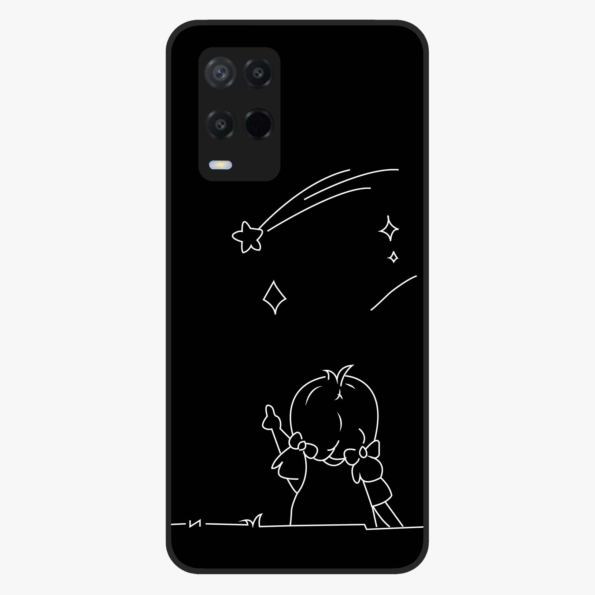 Line Art Girl With Shooting Stars Glass Case showing flat back view with minimal line art girl and shooting stars illustration and glossy glass finish.
