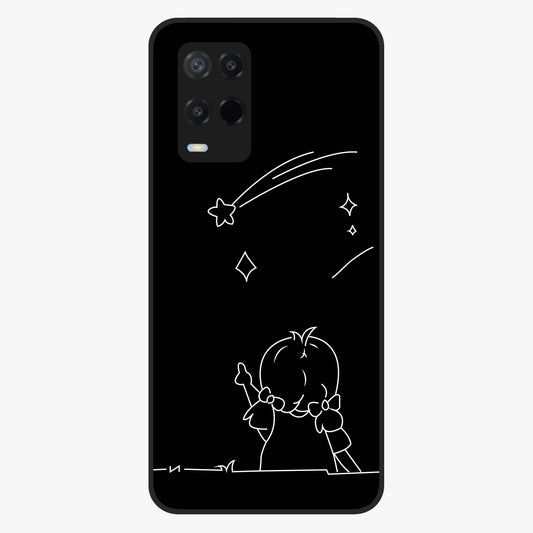Line Art Girl With Shooting Stars Glass Case showing flat back view with minimal line art girl and shooting stars illustration and glossy glass finish.
