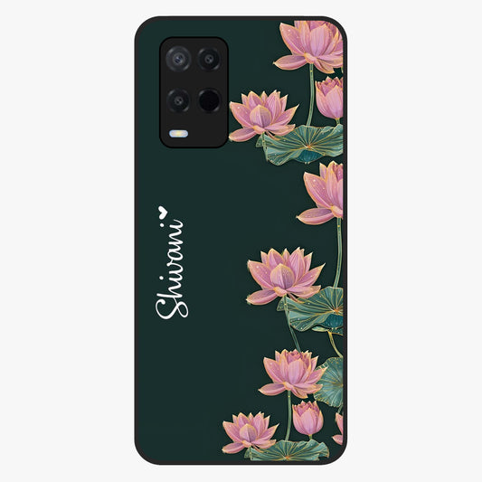 Lotus Bloom Serenity Custom Name Glass Case showing flat back view with elegant lotus flower artwork and personalized name design.