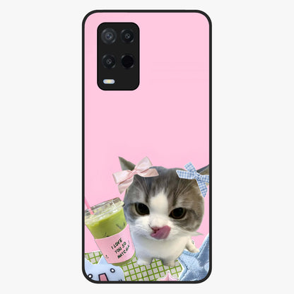 Love Matcha Cat Glass Case showing flat back view with cute cat and matcha themed artwork and glossy glass finish.
