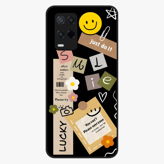 Lucky Aesthetic Collage Glass Case showing flat back view with trendy aesthetic collage artwork and glossy glass finish.