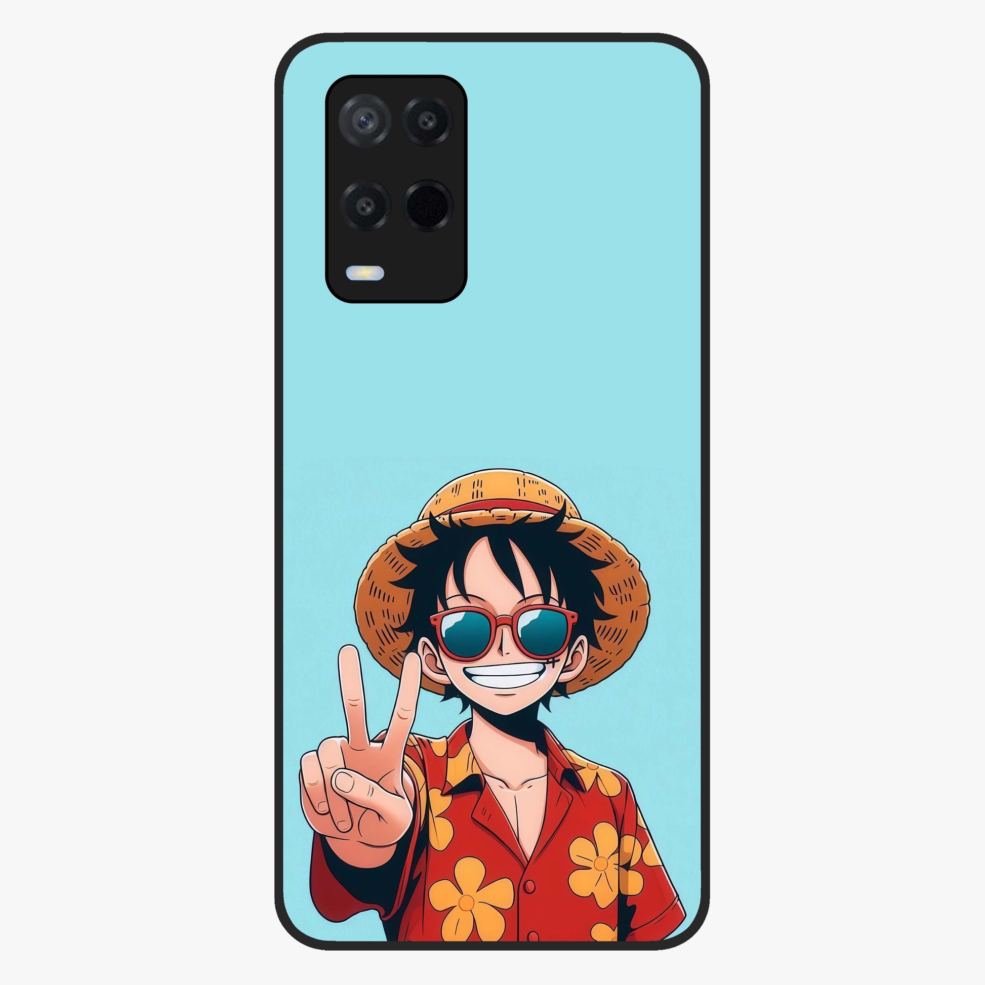 Luffy Summer Anime Vibe Glass Case showing flat back view with vibrant anime character artwork and glossy glass finish.