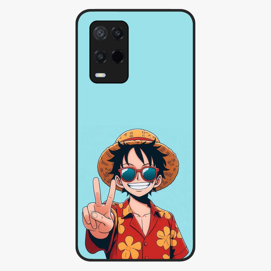 Luffy Summer Anime Vibe Glass Case showing flat back view with vibrant anime character artwork and glossy glass finish.