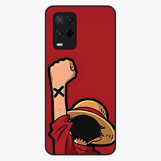 Luffy X Spirit Glass Case showing flat back view with bold anime character artwork and glossy glass finish.