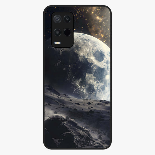Lunar Horizon Glow Glass Case showing flat back view with glowing moon horizon artwork and glossy glass finish.