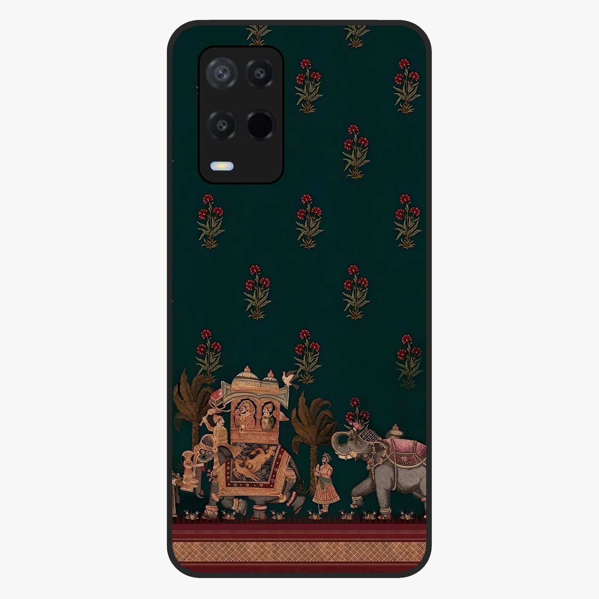 Macmerise Glass Case showing flat back view with stylish modern artwork and glossy glass finish.