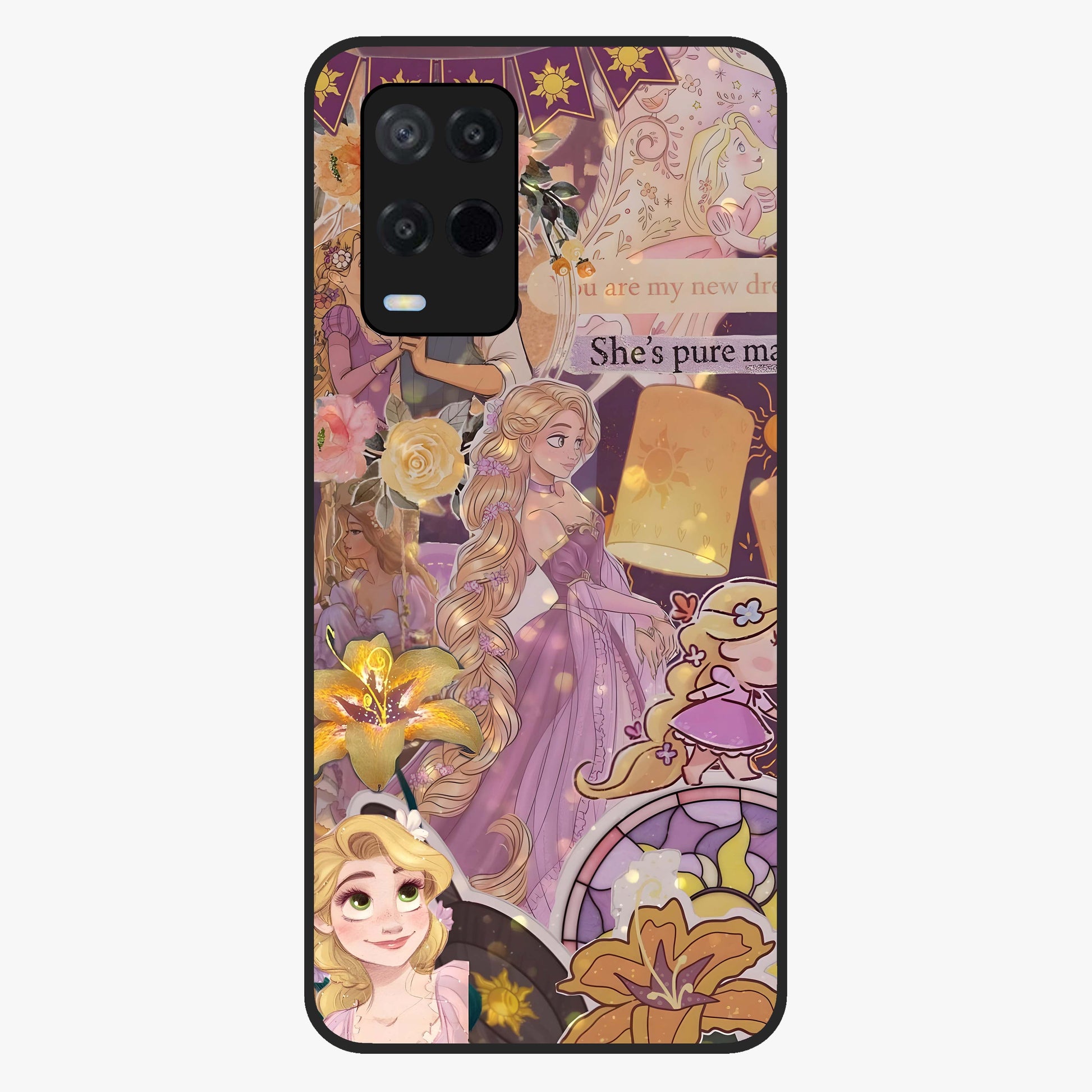 Magical Tangled Dream Glass Case showing flat back view with dreamy tangled artwork and glossy glass finish.