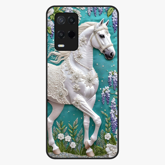 Majestic Floral Stallion Glass Case showing flat back view with powerful horse and floral artwork and glossy glass finish.