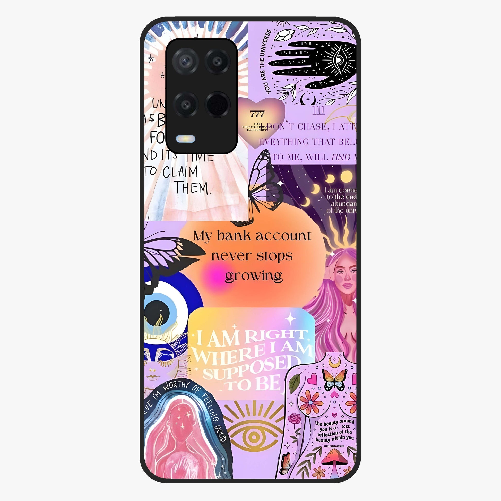 Manifestation Collage Glass Case showing flat back view with motivational collage artwork and glossy glass finish.