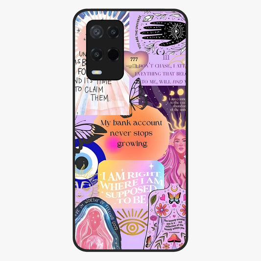 Manifestation Collage Glass Case showing flat back view with motivational collage artwork and glossy glass finish.