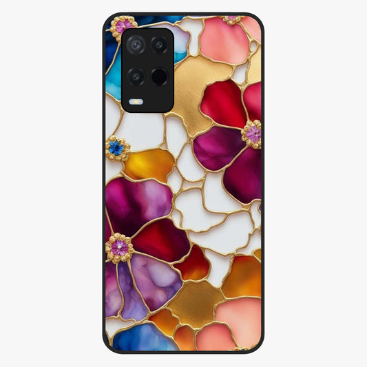 Marble Flower Pattern Glass Case showing flat back view with marble texture floral artwork and glossy glass finish.