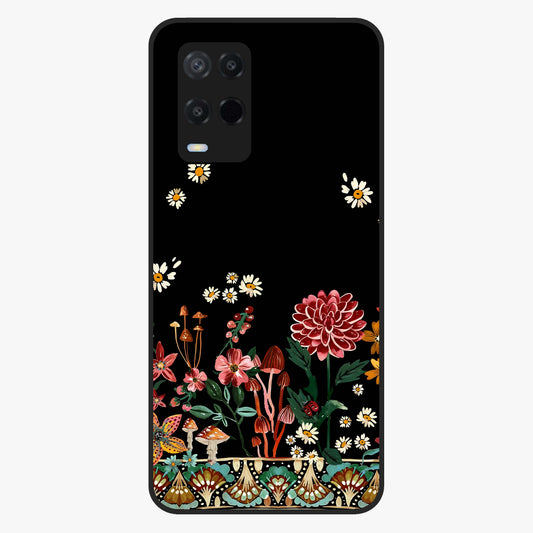 Midnight Bloom Pattern Glass Case showing flat back view with dark floral pattern artwork and glossy glass finish.