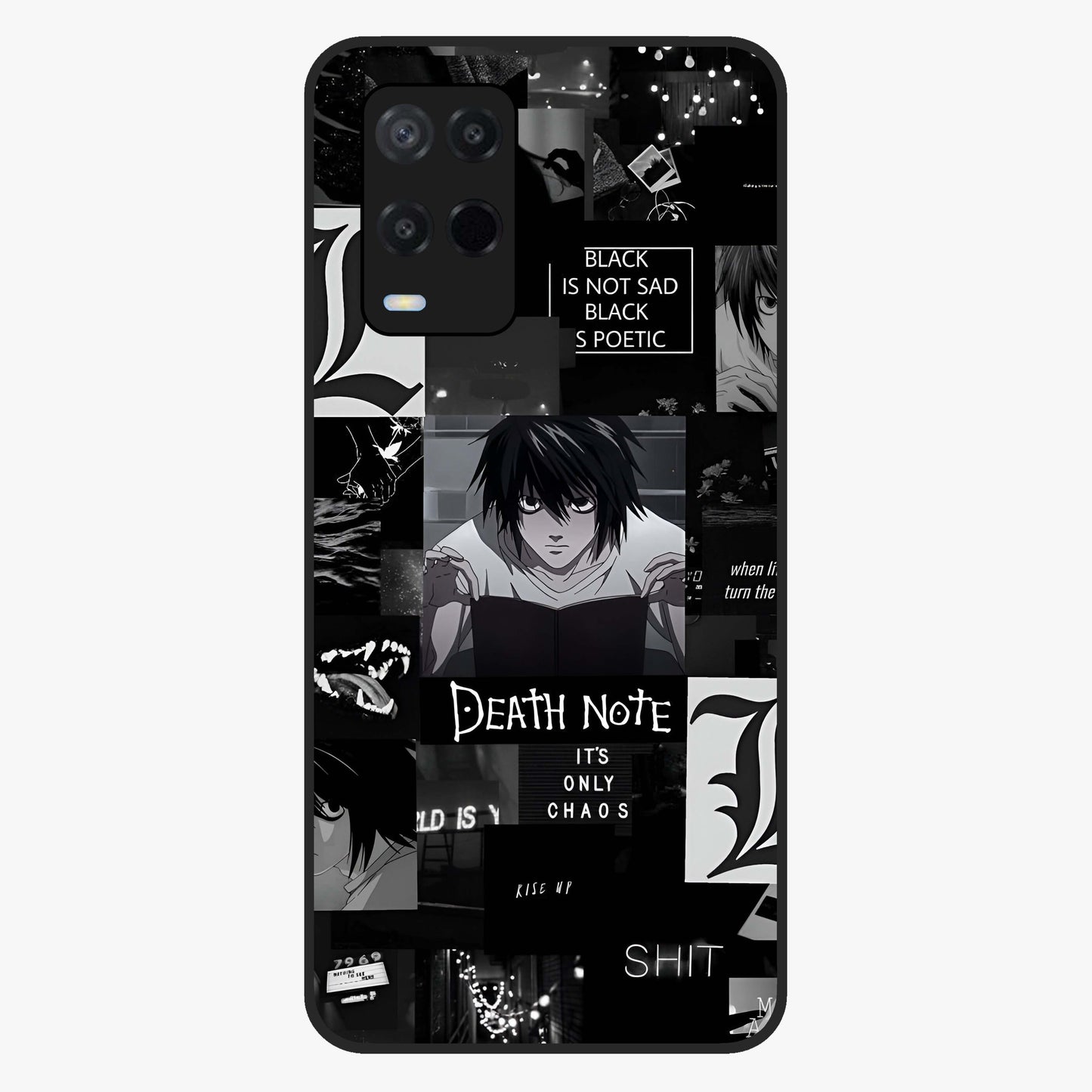 Midnight Chaos Mind Glass Case showing flat back view with abstract dark themed artwork and glossy glass finish.