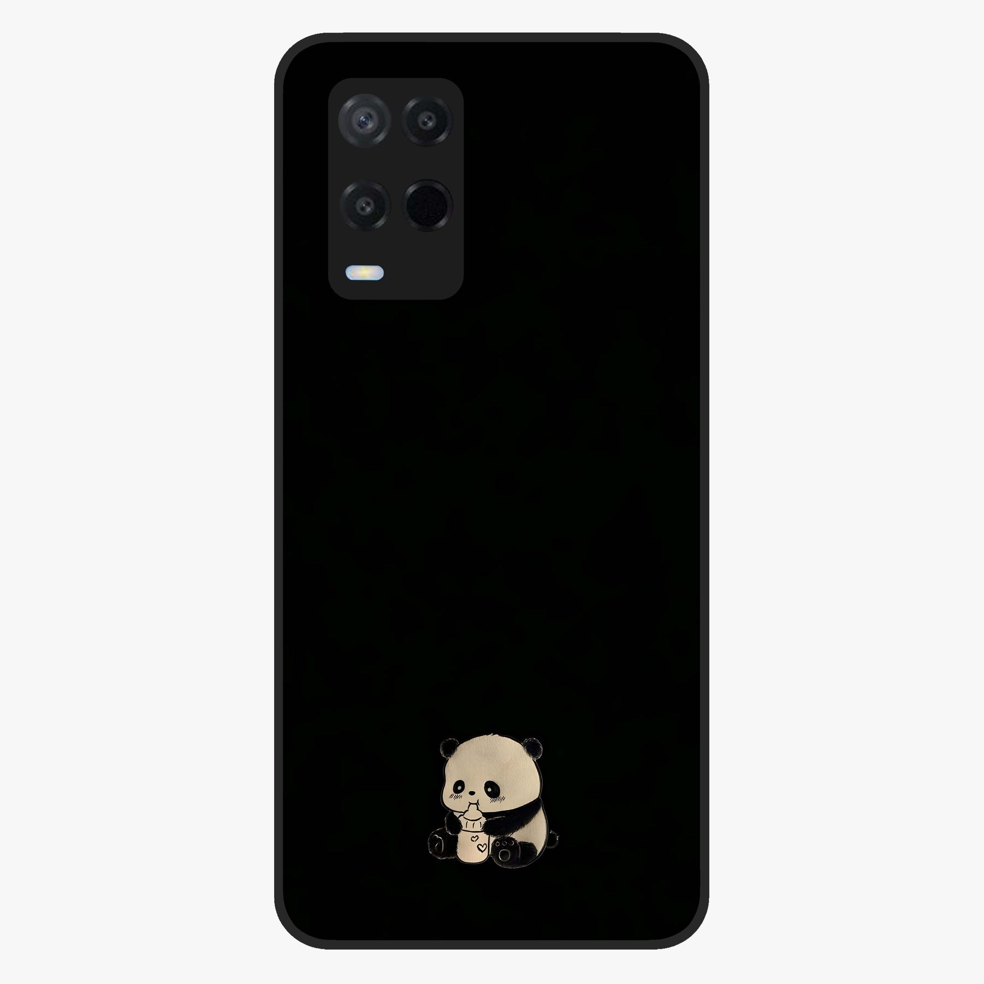 Midnight Panda Love Glass Case showing flat back view with cute panda themed artwork and glossy glass finish.