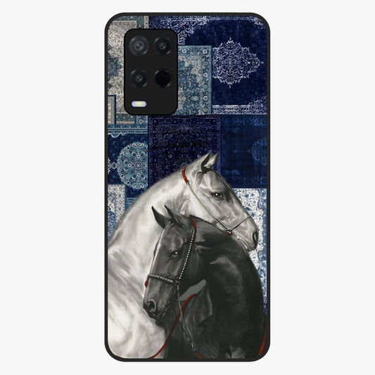 Midnight Stallion Blues Glass Case showing flat back view with majestic horse artwork and glossy glass finish.