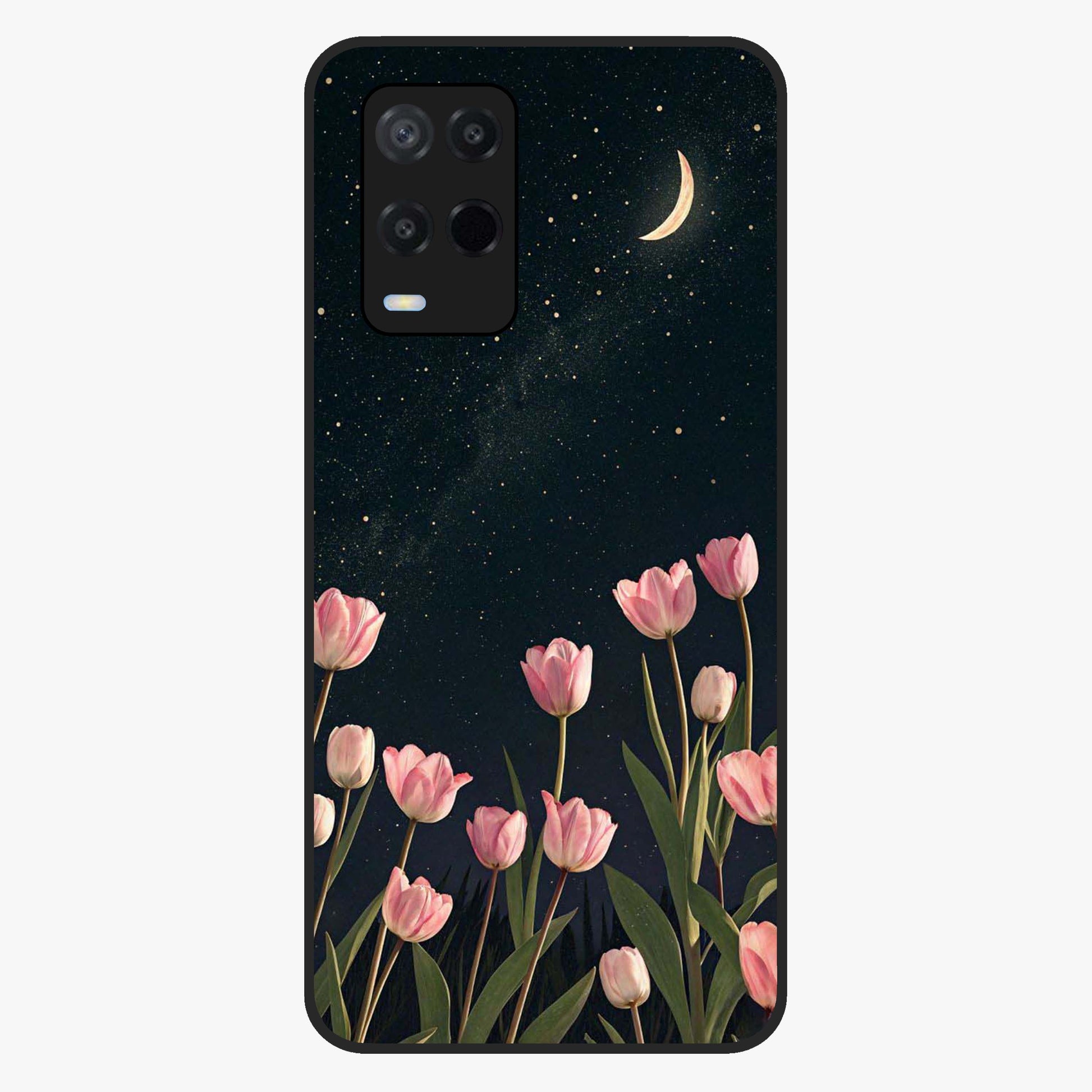 Midnight Tulip Whispers Vibe Glass Case showing flat back view with elegant tulip flower artwork and glossy glass finish.