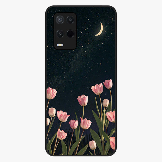 Midnight Tulip Whispers Vibe Glass Case showing flat back view with elegant tulip flower artwork and glossy glass finish.