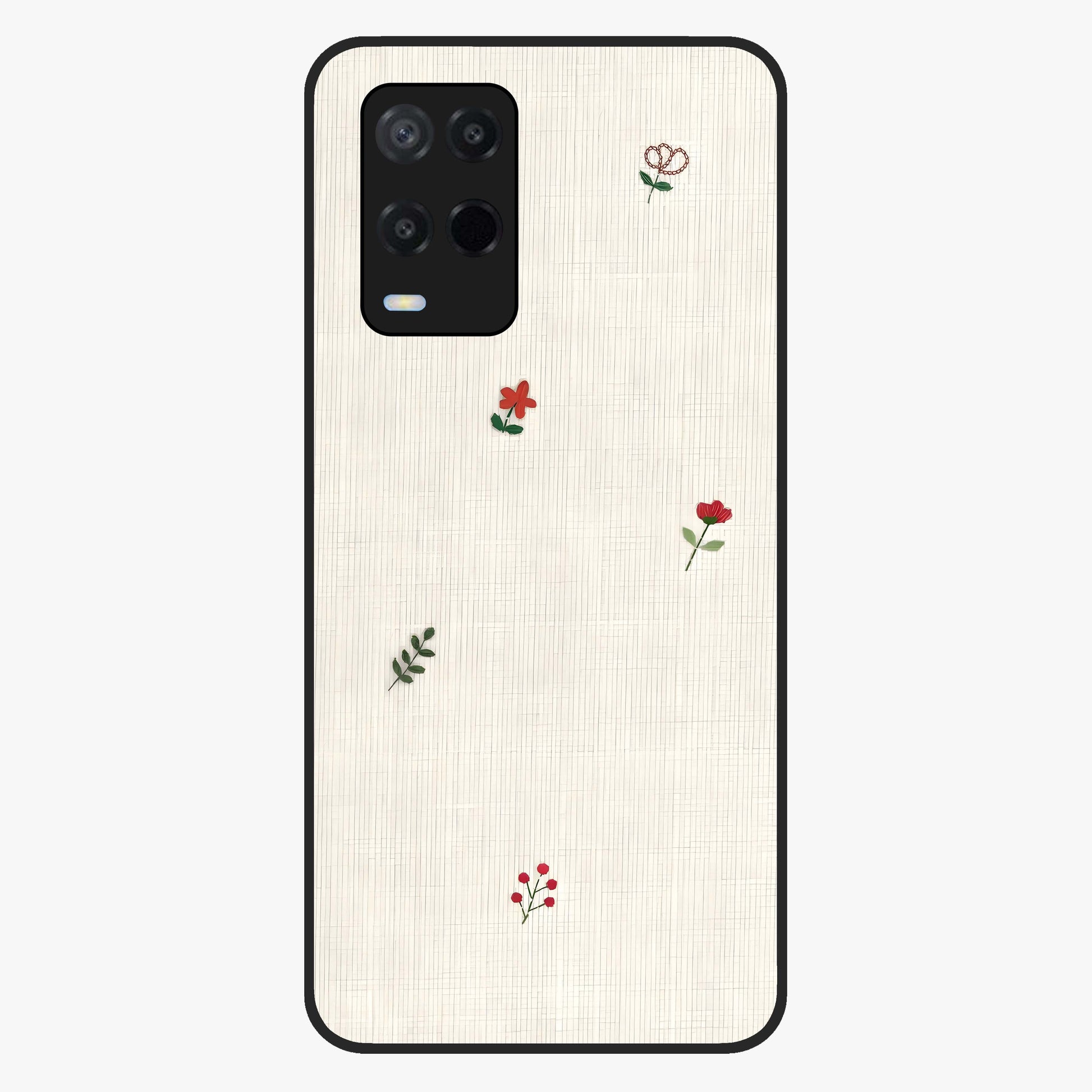 Minimal Petal Whispers Glass Case showing flat back view with soft minimal floral artwork and glossy glass finish.