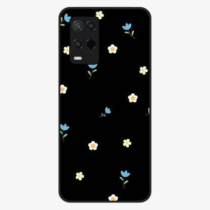Minimalistic Blue With White Flower Pattern Glass Case showing flat back view with blue background and white flower pattern and glossy glass finish.