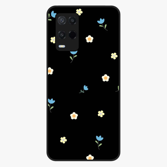Minimalistic Blue With White Flower Pattern Glass Case showing flat back view with blue background and white flower pattern and glossy glass finish.